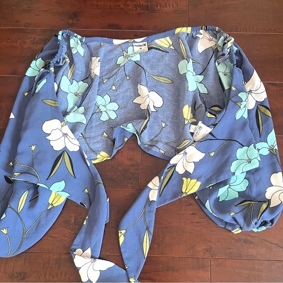HURLEY Poppy Crop Top Floral Tie Blouse Blue Convertible Size Medium - Picture 9 of 13